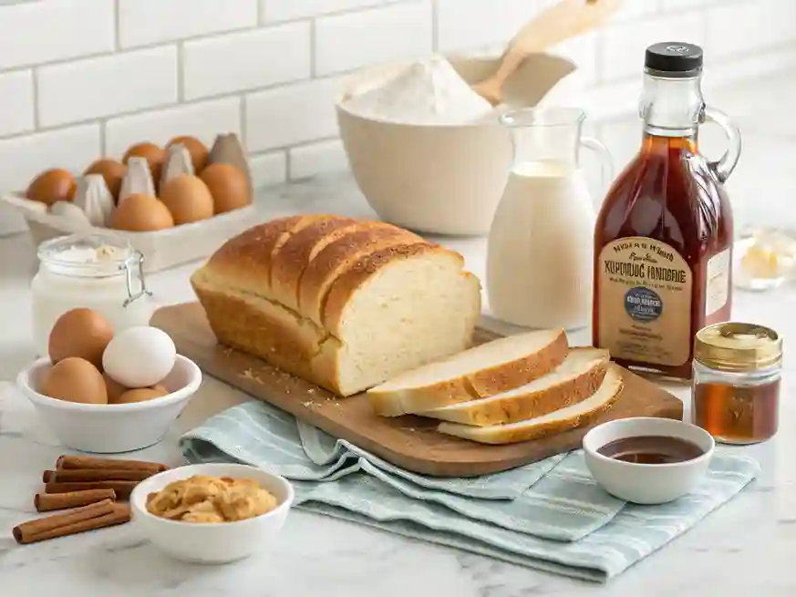 Ingredients for French Toast Casserole neatly arranged on a kitchen counter