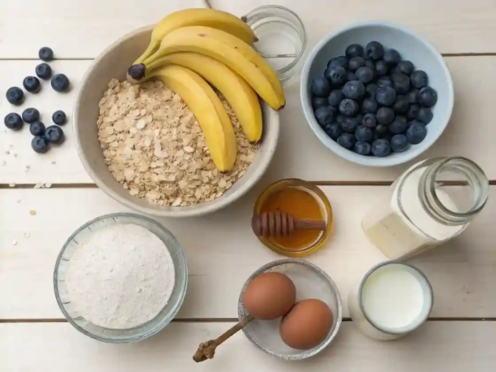 Banana and blueberry ingredients for oatmeal muffins laid out on a wooden countertop.