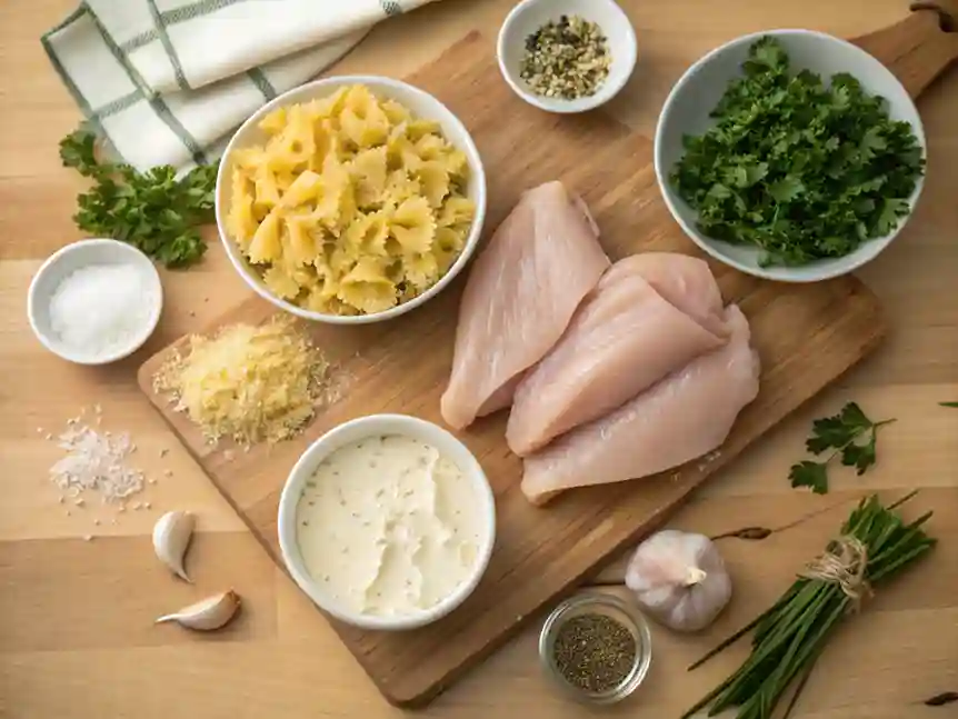 A neatly arranged display of fresh ingredients including chicken, pasta, parmesan, garlic, cream, and herbs for Creamy Garlic Parmesan Chicken Pasta Bake.