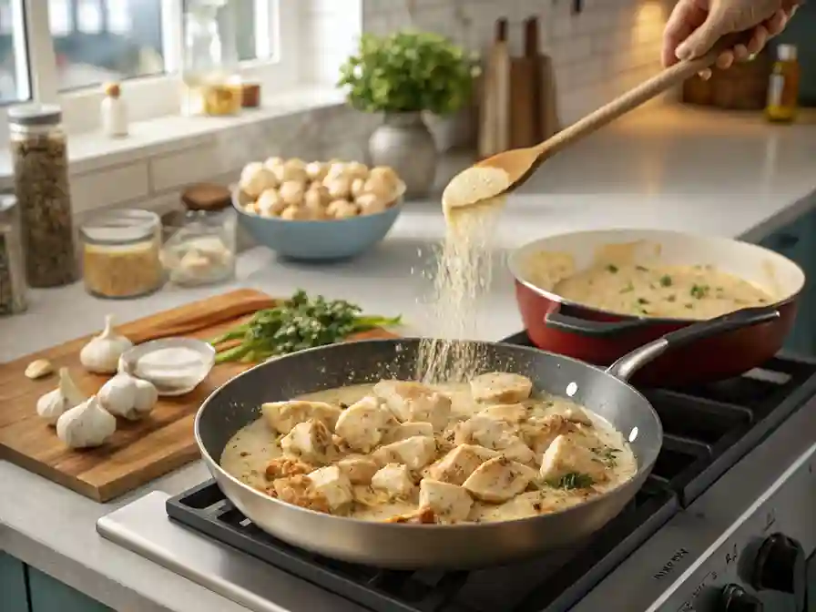 A chef in action preparing Creamy Garlic Parmesan Chicken Pasta Bake in a bright, modern kitchen.