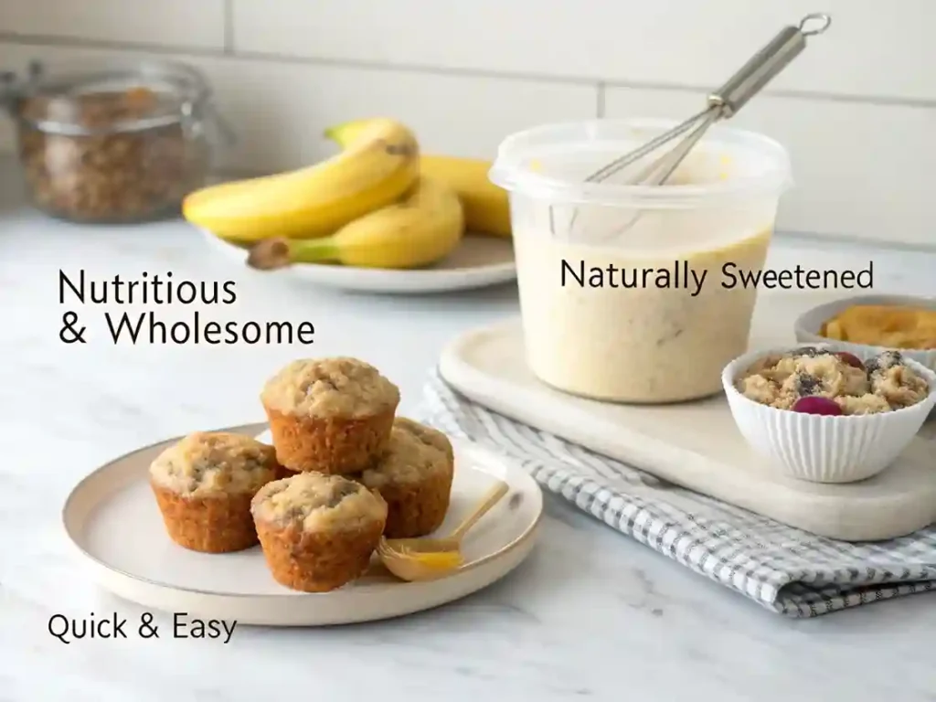 A visual breakdown of banana blueberry muffins' key benefits, highlighting their nutrition, natural sweetness, and ease of preparation.