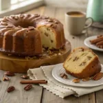 Southern Butter Pecan Pound Cake with brown sugar glaze and toasted pecans displayed on a rustic wooden table.