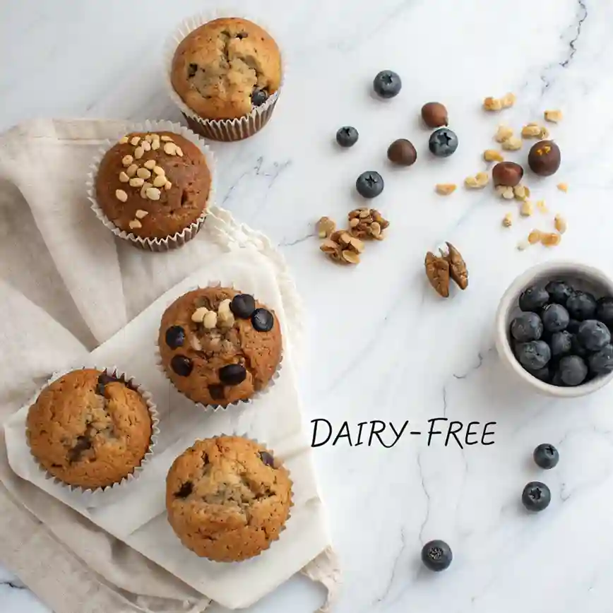 Different variations of banana blueberry oatmeal muffins displayed on a marble surface.