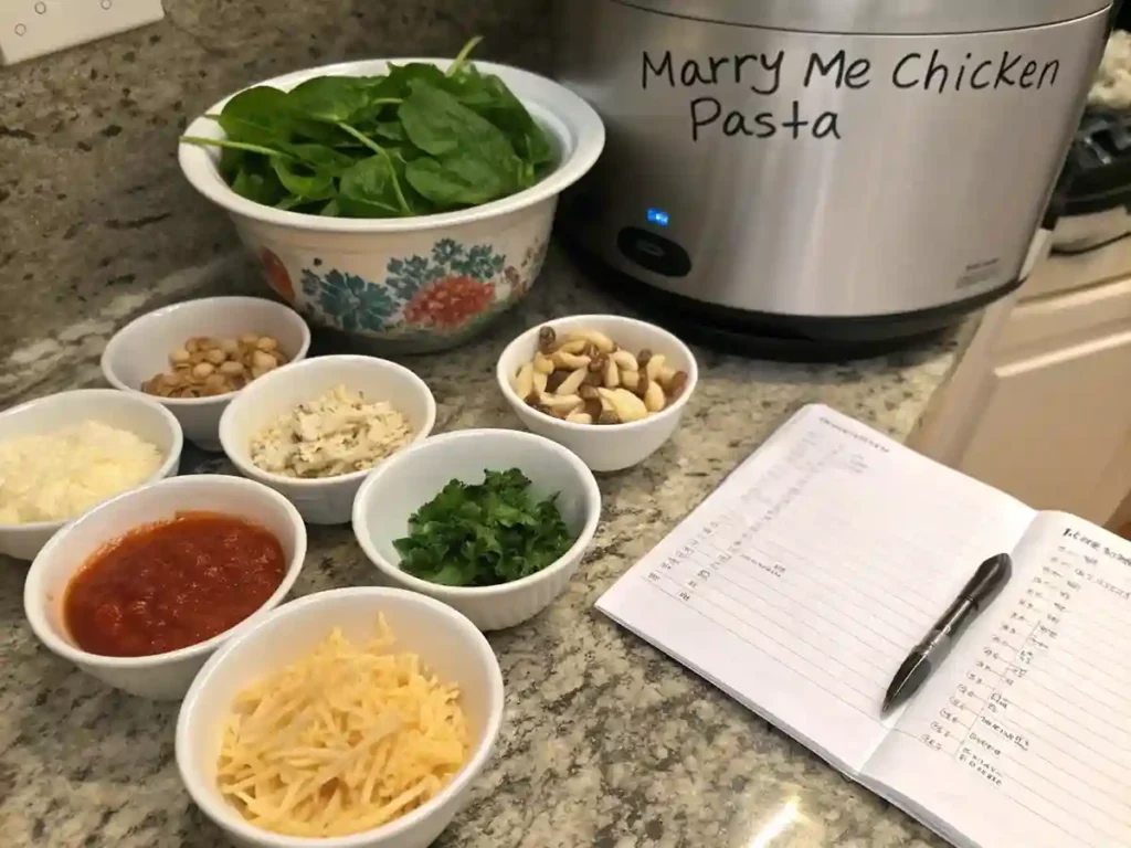 Extra ingredients and tips for enhancing crockpot marry me chicken pasta, displayed beside a slow cooker.