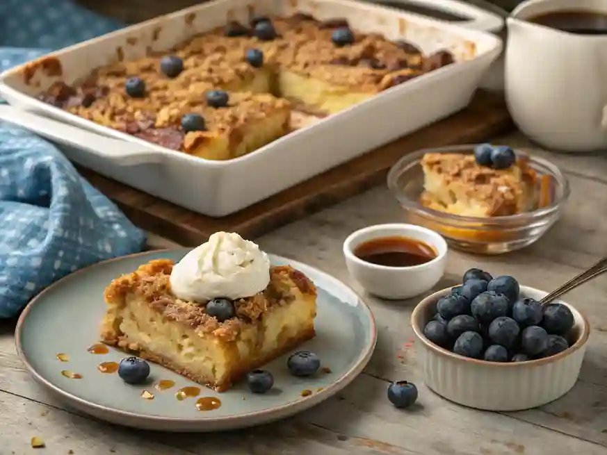 Various topping options for French Toast Casserole displayed on a rustic table