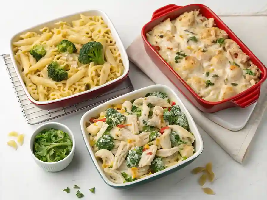 An image showcasing creative variations of Creamy Garlic Parmesan Chicken Pasta Bake with added vegetables and alternative cheeses.