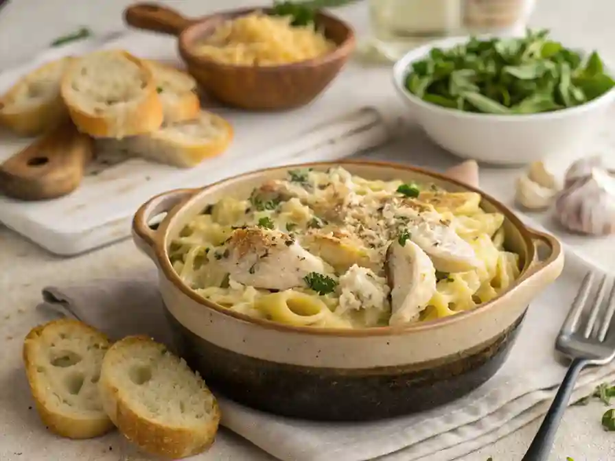 A beautifully plated Creamy Garlic Parmesan Chicken Pasta Bake served with garlic bread and a fresh salad on a stylish table setting.