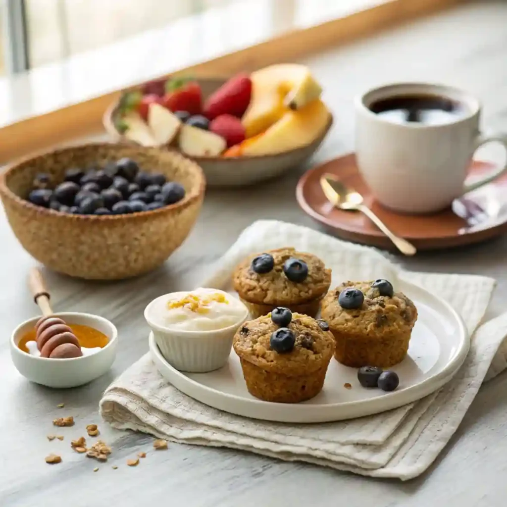 Banana blueberry oatmeal muffins served with yogurt, coffee, and honey.