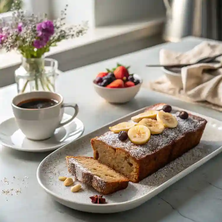 Beautifully plated Old Fashioned Banana Bread served with coffee and fresh fruit