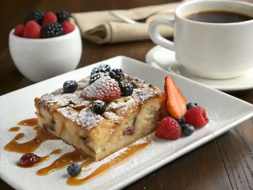 Beautifully plated French Toast Casserole garnished with berries and syrup