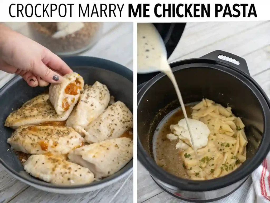 Step-by-step visuals demonstrating how to cook crockpot marry me chicken pasta, from seasoning to slow-cooking.