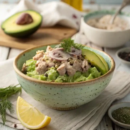 Bowl of creamy avocado tuna salad garnished with lemon and herbs on a wooden table.