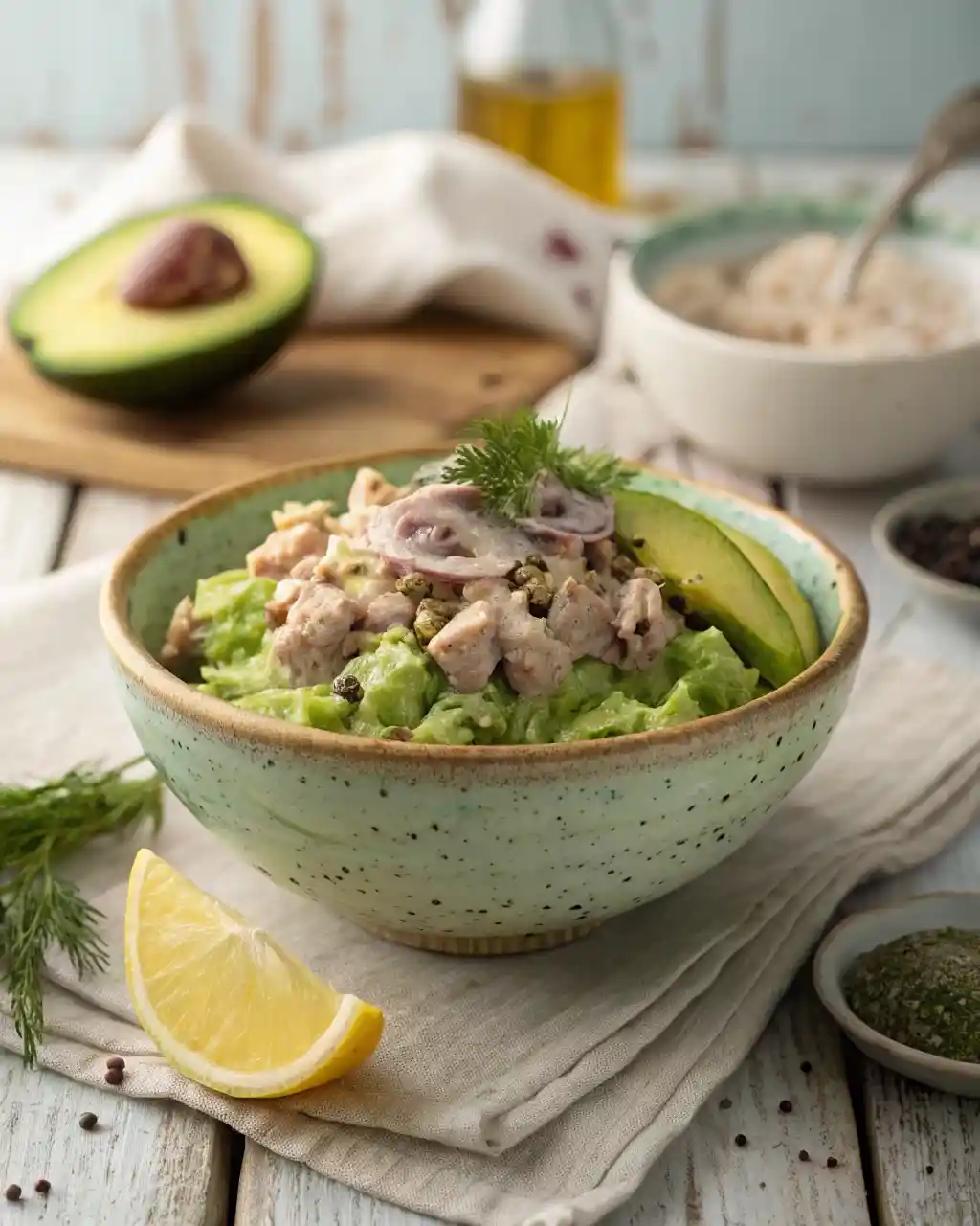 Bowl of creamy avocado tuna salad garnished with lemon and herbs on a wooden table.