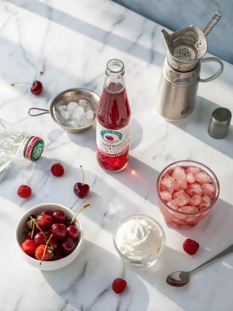 Overhead view of Italian Soda Ingredients arranged on a marble surface.
