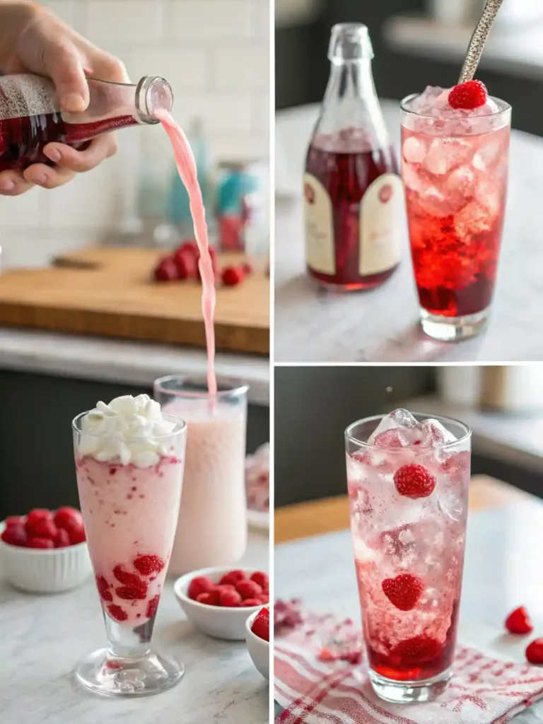 Four-panel image showing Italian Soda Instructions from ice to finished drink.