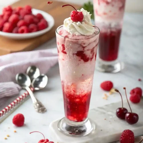Tall glass of raspberry Italian cream soda with whipped cream and cherry on a marble counter.