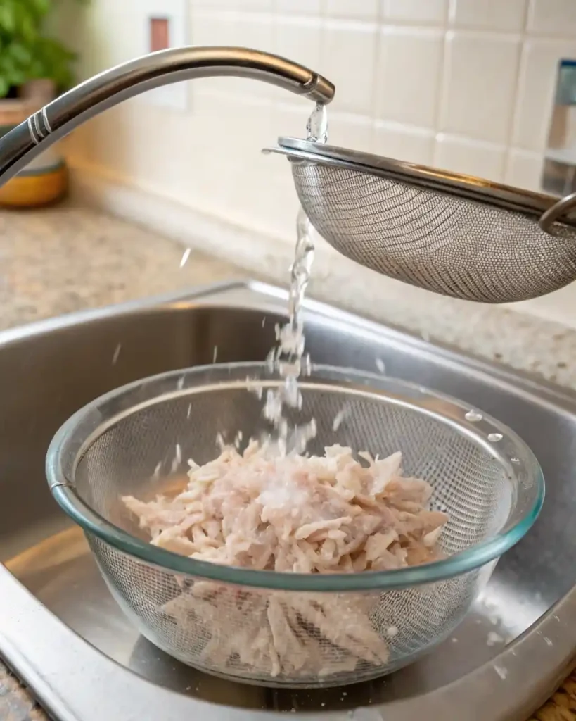Draining albacore tuna in a strainer to remove excess liquid