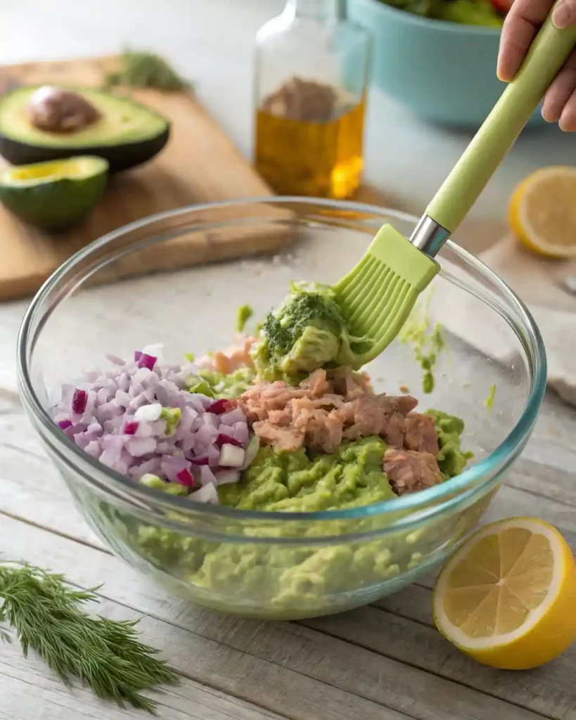 Combining tuna, mashed avocado, onion, and dill in mixing bowl