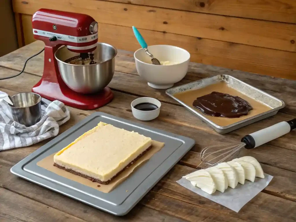 Mise en place for opera cake steps on a wooden table.