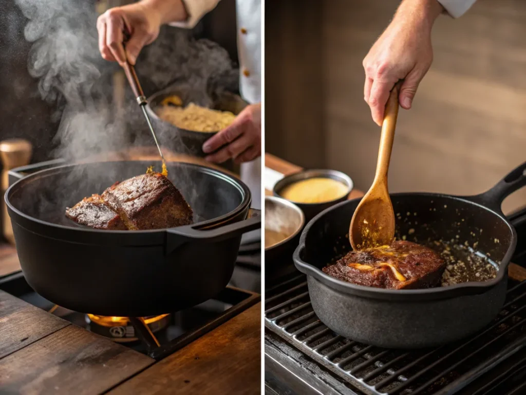 Three-panel sequence showing (1) searing beef in a dutch oven, (2) deglazing with red wine, (3) placing the covered pot into an oven.