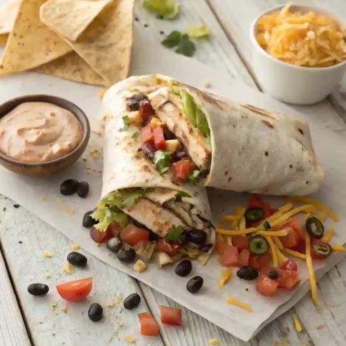 Close-up of a cut-in-half Chipotle Ranch Grilled Chicken Burrito showing its colorful, layered filling.