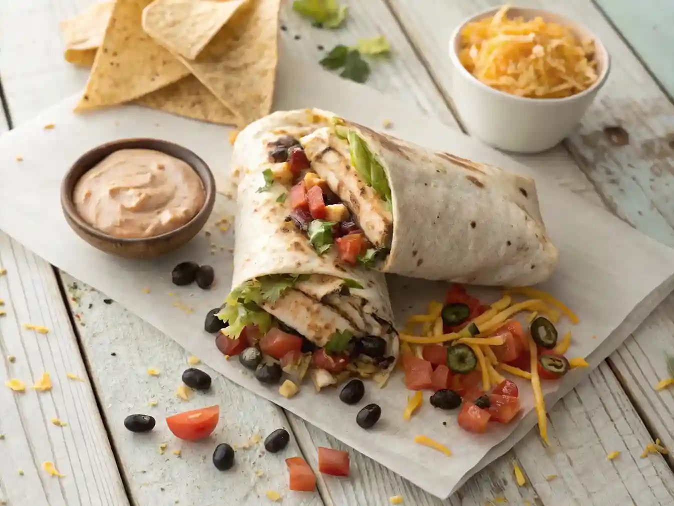 Close-up of a cut-in-half Chipotle Ranch Grilled Chicken Burrito showing its colorful, layered filling.