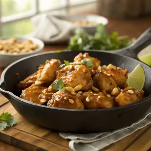 Crispy Peanut Butter Chicken in a cast-iron skillet, coated with glossy peanut sauce, garnished with peanuts, cilantro, and lime wedges.