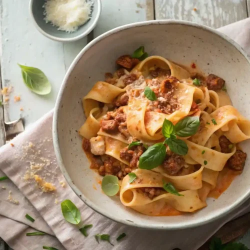 Bowl of creamy Calabrian chili pappardelle with sausage and fennel, garnished with basil, on a rustic wooden table.