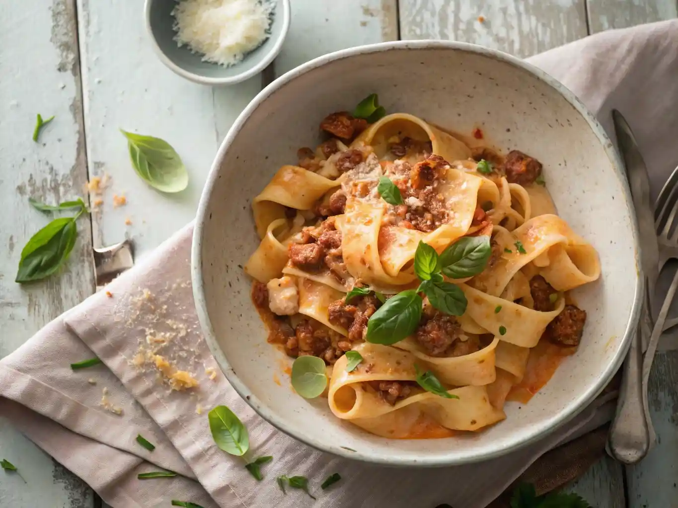 Bowl of creamy Calabrian chili pappardelle with sausage and fennel, garnished with basil, on a rustic wooden table.