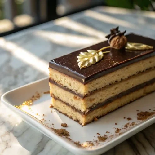 Slice of classic French opera cake showing six layers of almond sponge, coffee buttercream, and glossy chocolate ganache on a white plate.