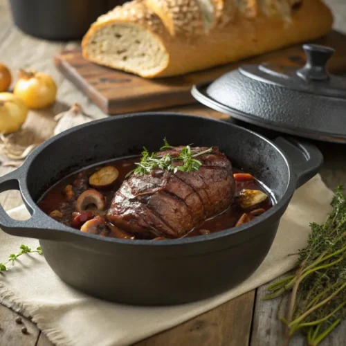 A rustic kitchen scene featuring a cast-iron Dutch oven with a succulent French roast and mushrooms in red wine sauce.
