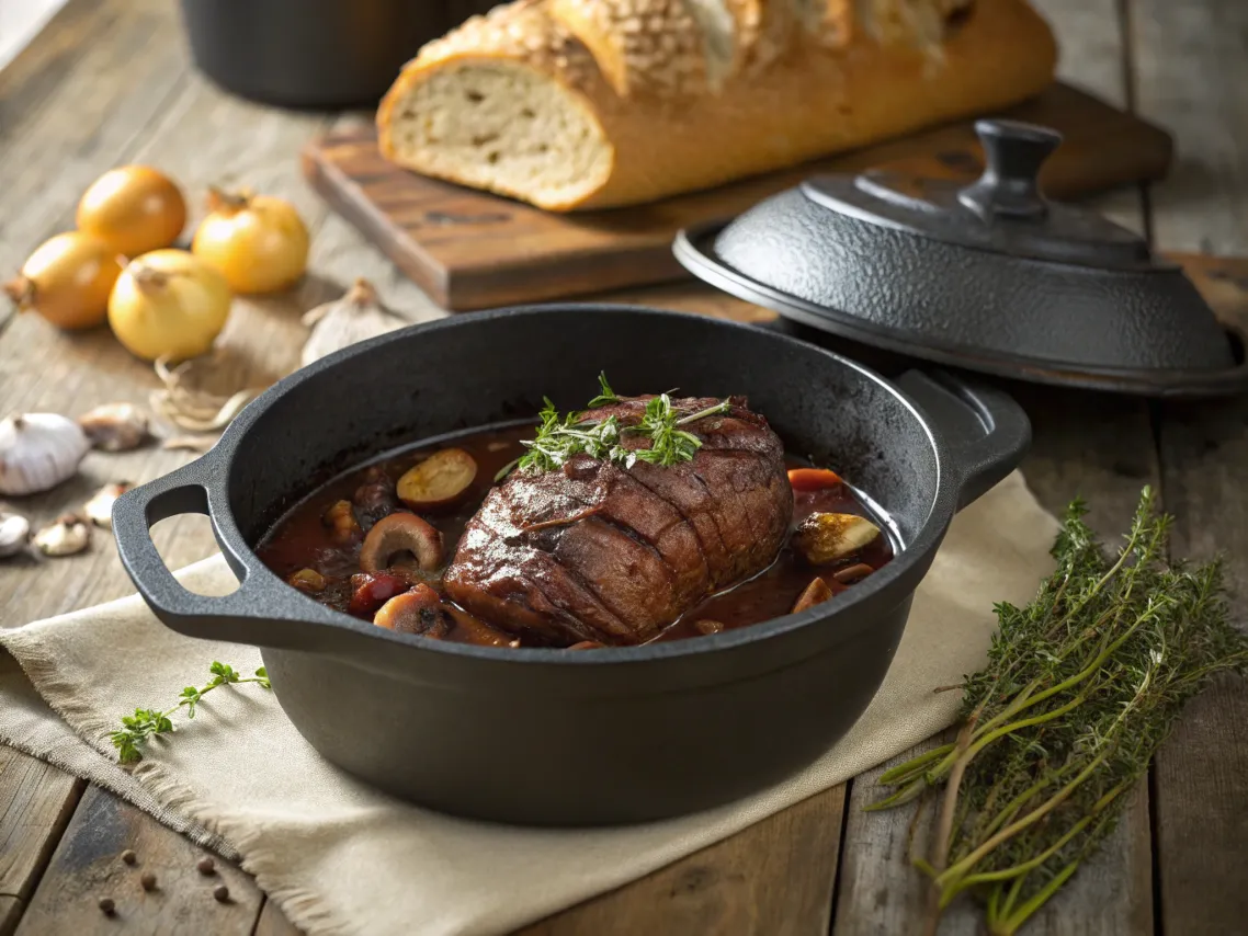 A rustic kitchen scene featuring a cast-iron Dutch oven with a succulent French roast and mushrooms in red wine sauce.