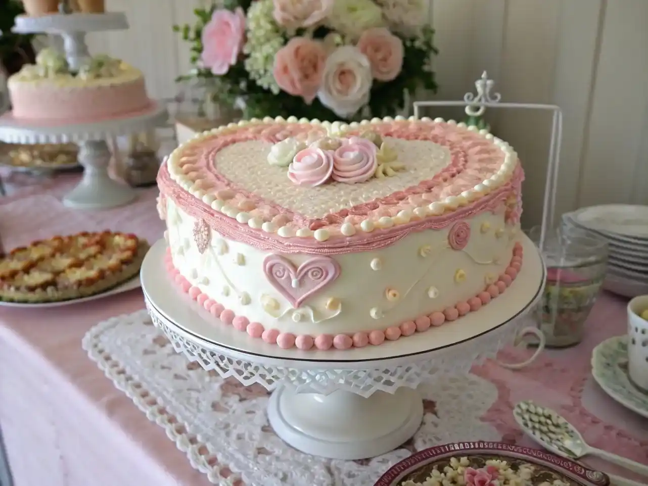 Vintage heart-shaped birthday cake with pink and white buttercream piping and elegant retro decorations.