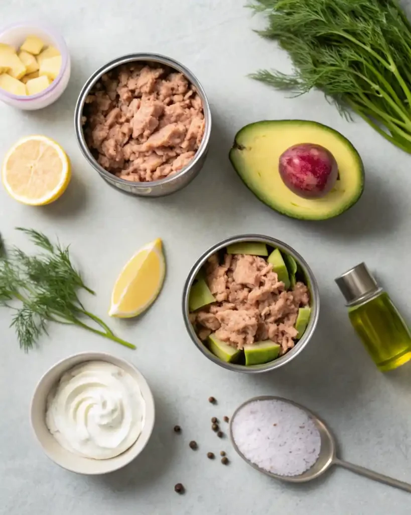 Flat-lay of canned tuna, avocado, lemon, red onion, and herbs for avocado tuna salad