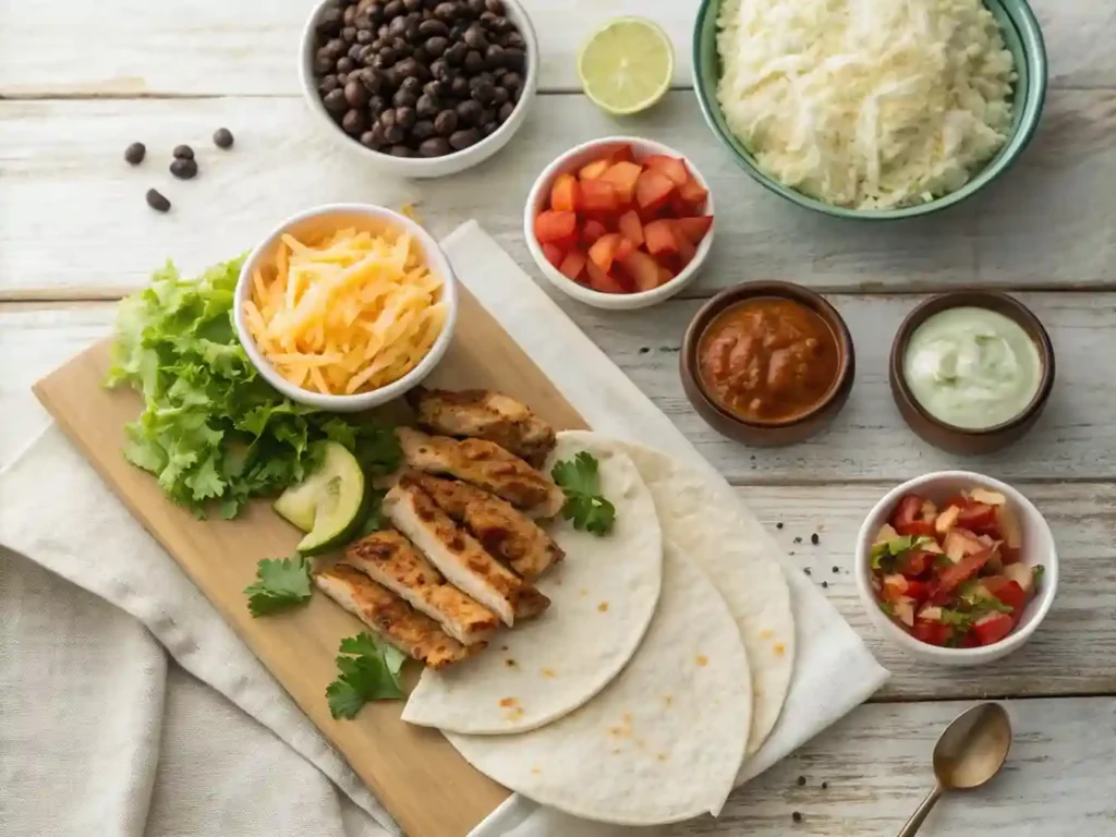 Flat-lay of all ingredients for a Chipotle Ranch Grilled Chicken Burrito, each component in its own bowl.