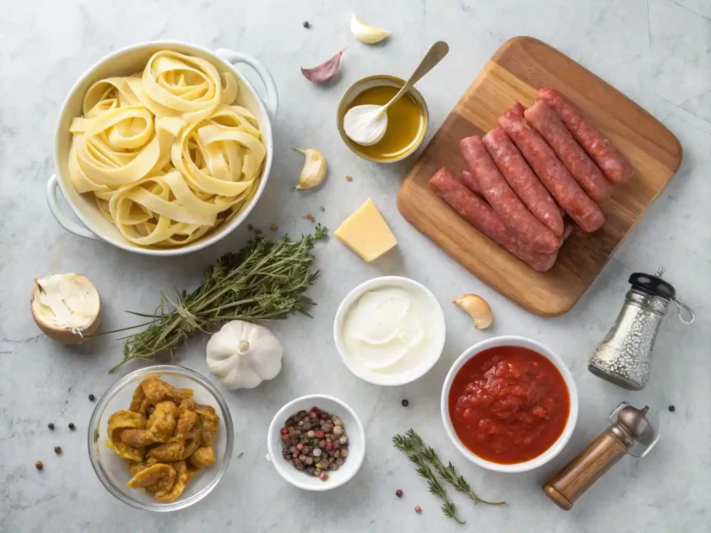 Ingredient flat-lay for creamy Calabrian chili pappardelle with sausage and fennel.