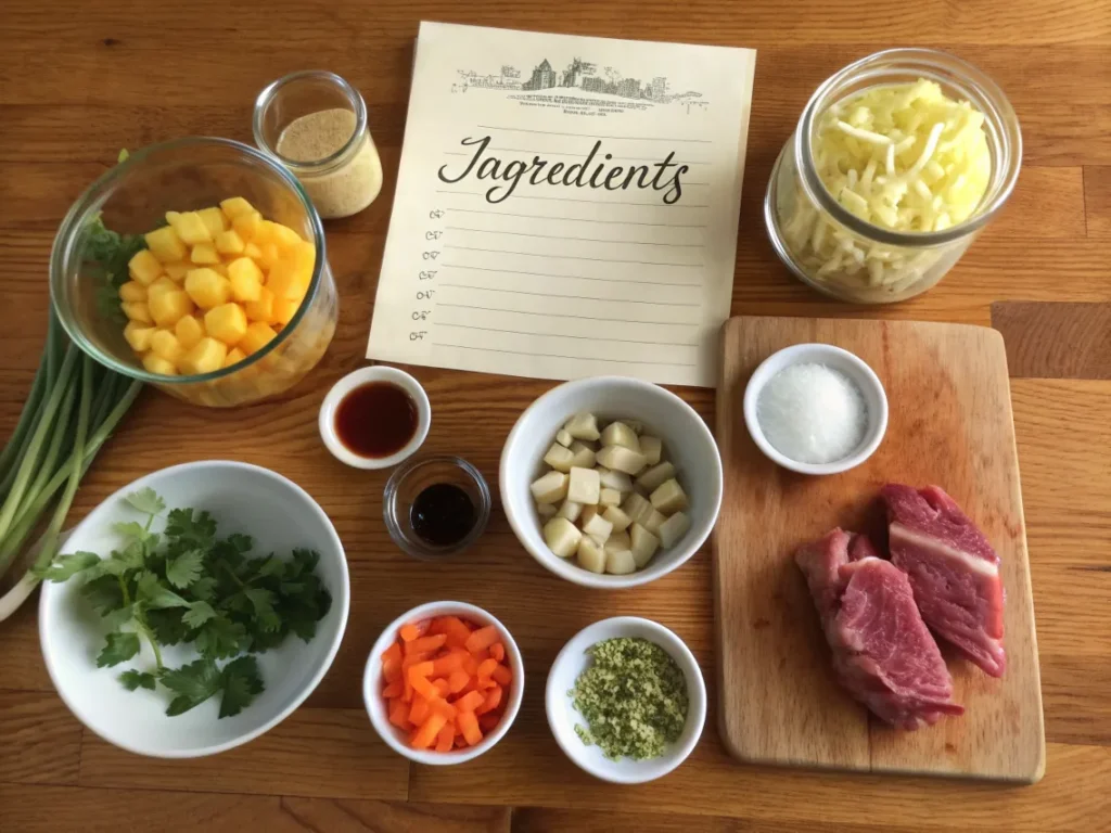 Top-down shot of a wooden table with bowls of mirepoix vegetables, herbs, spices, red wine, stock, butter, and a raw beef roast alongside a handwritten “Ingredients” recipe card.