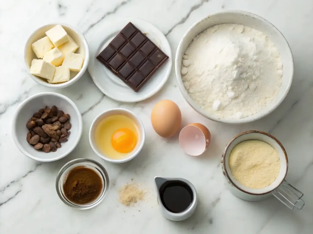 Flat‑lay of opera cake ingredients on marble.