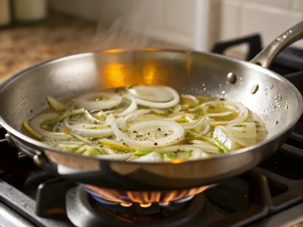 Fennel and onion sautéing in skillet for Calabrian chili pappardelle.