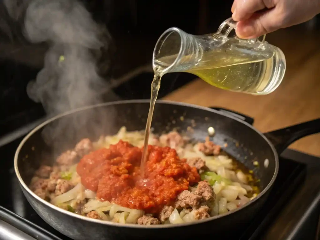 Deglazing pan with wine and Calabrian chili paste for sauce