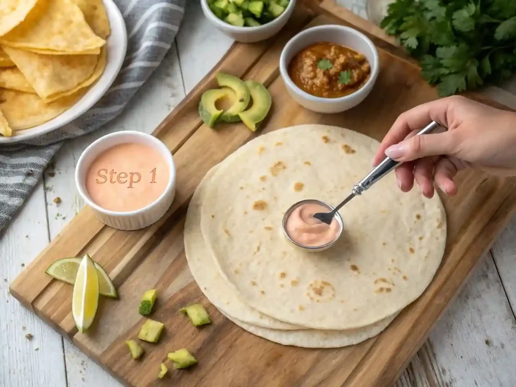 Overhead view of spreading chipotle ranch sauce on a warm flour tortilla for the Chipotle Ranch Grilled Chicken Burrito.