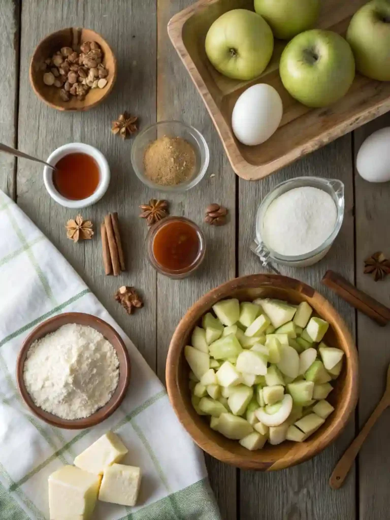 Flat‑lay of Amish Apple Cake ingredients—apples, sugars, spices, flour, eggs, butter, walnuts, and applesauce—arranged on a rustic wooden table.