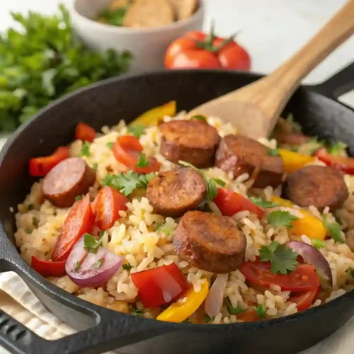 Cajun sausage rice skillet in cast-iron pan with vegetables.