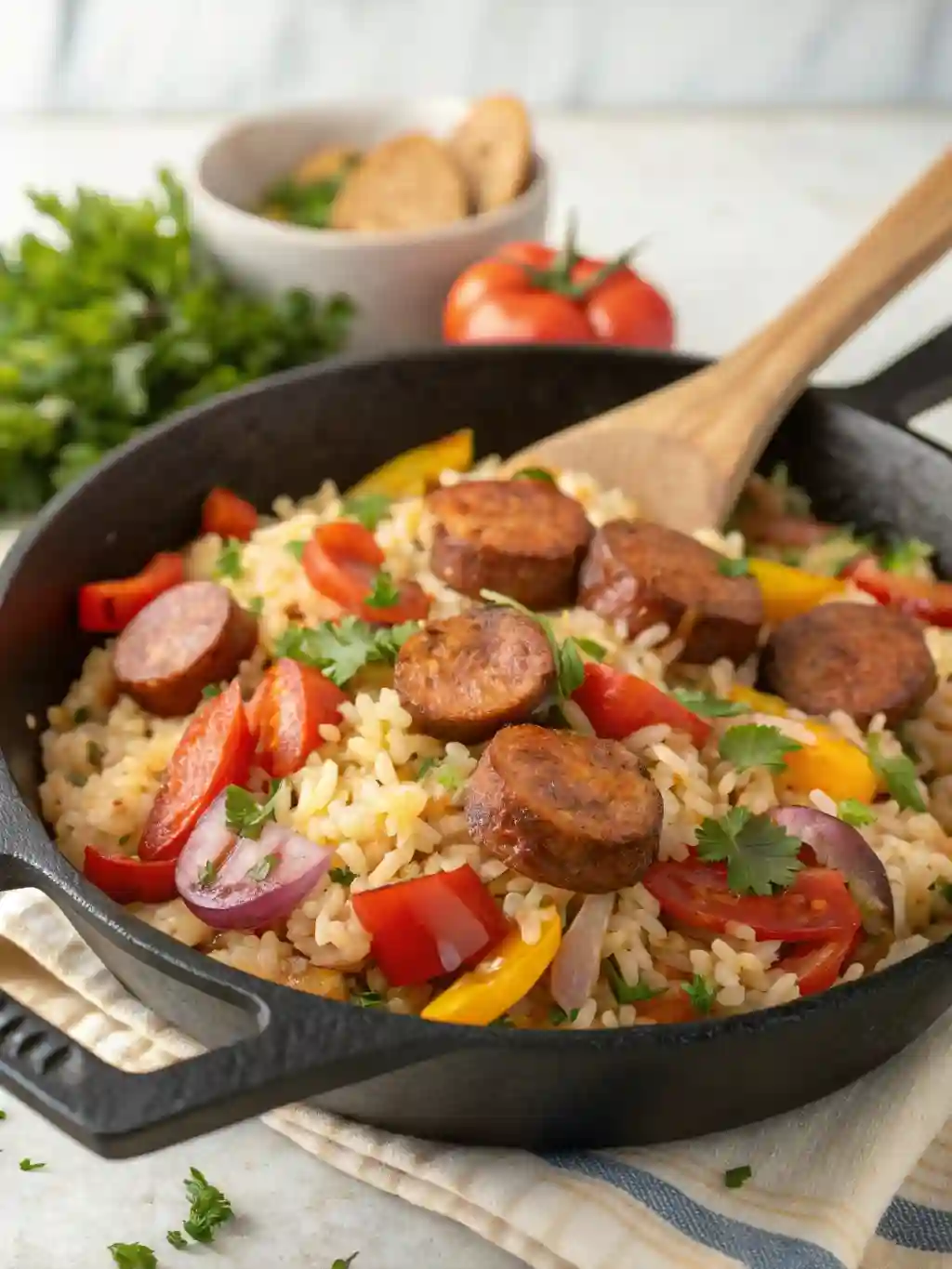 Cajun sausage rice skillet in cast-iron pan with vegetables.
