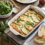A golden, bubbly dish of Layered Zucchini Ricotta Melts with fresh basil and rustic sides