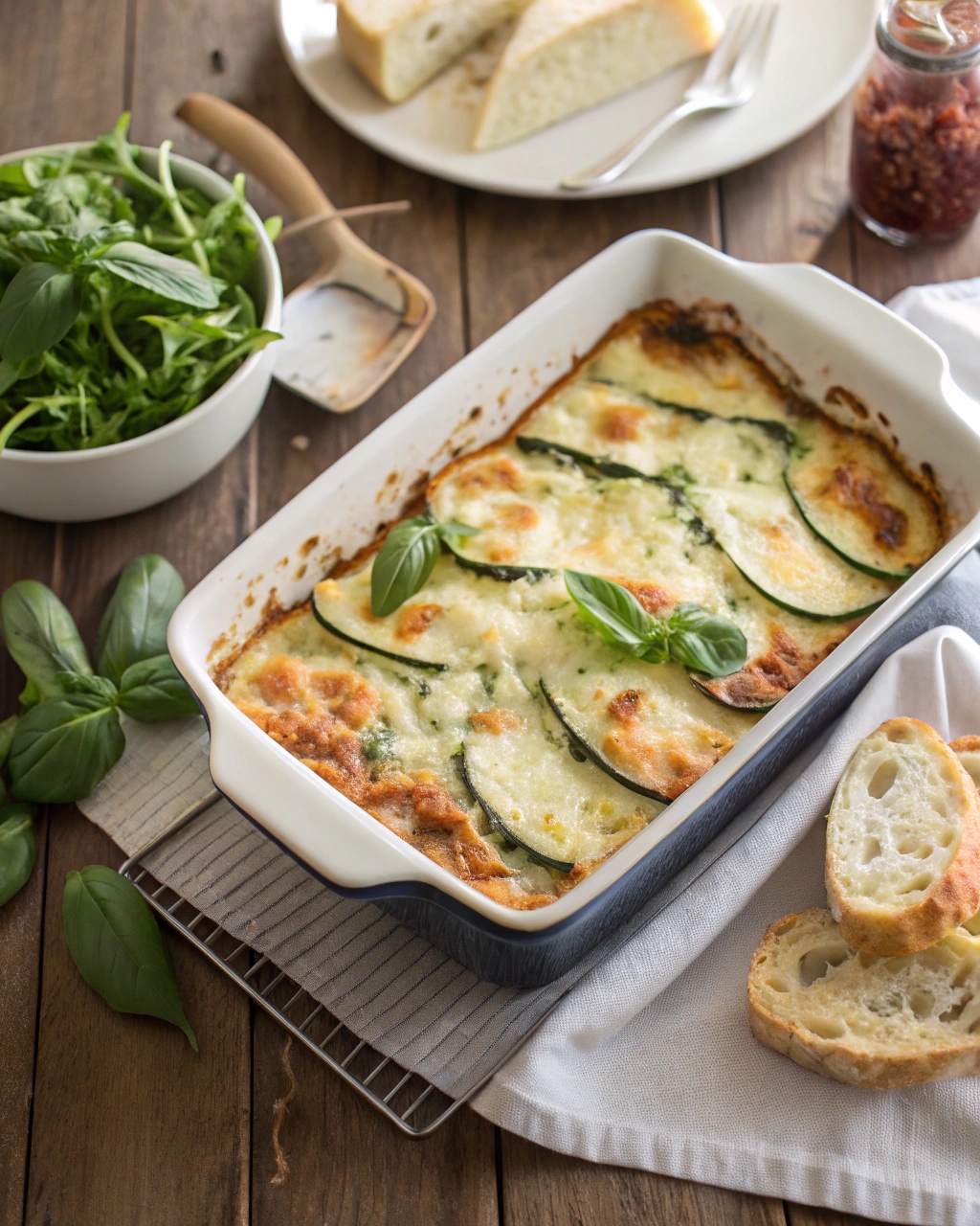 A golden, bubbly dish of Layered Zucchini Ricotta Melts with fresh basil and rustic sides