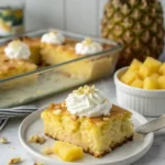 Moist pineapple condensed milk cake with creamy topping in a glass baking dish