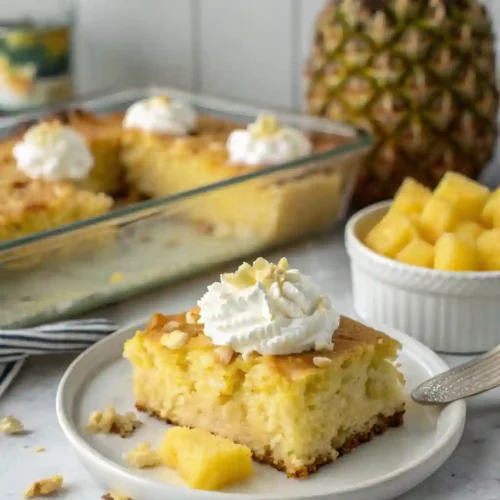 Moist pineapple condensed milk cake with creamy topping in a glass baking dish
