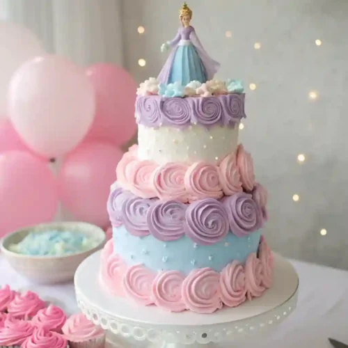Two-tier pastel princess birthday cake with swirls, sparkles, and princess topper.