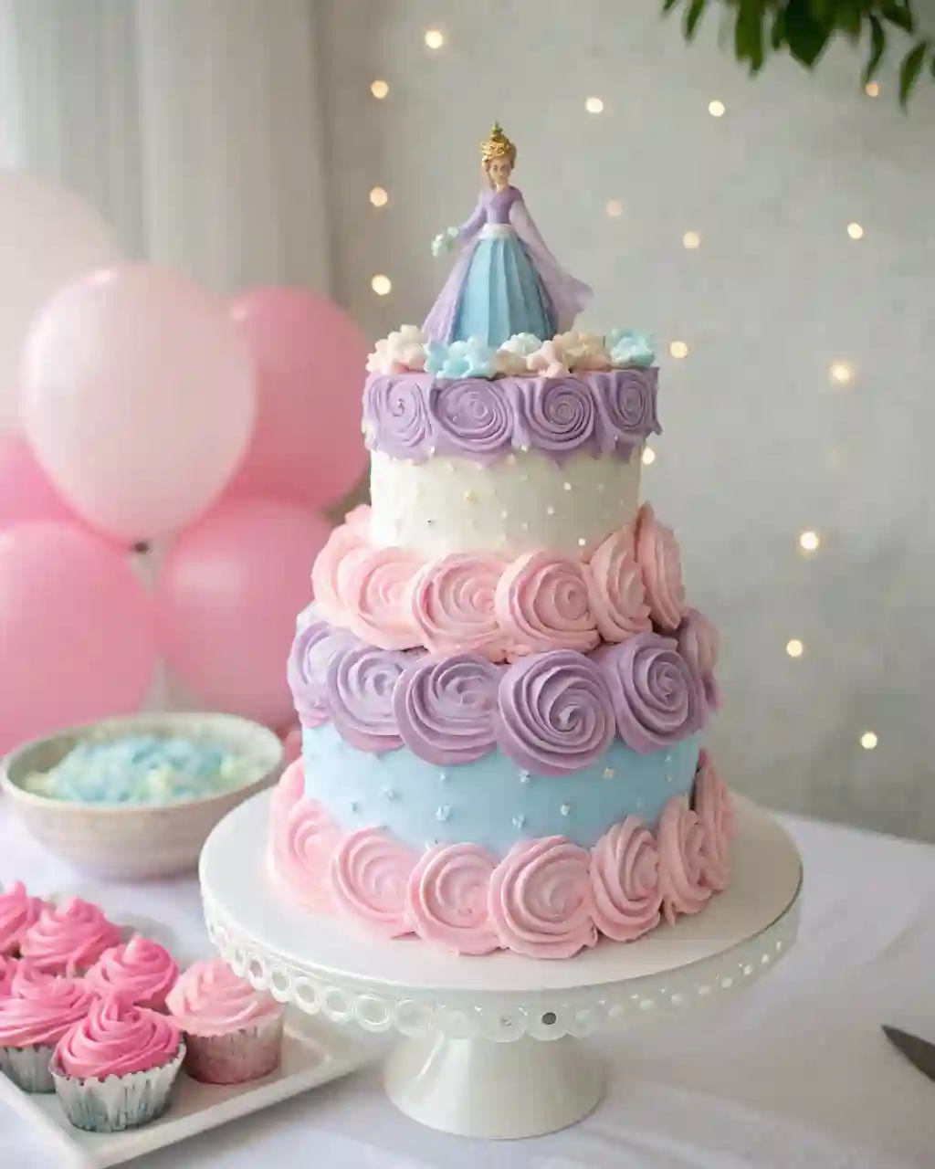Two-tier pastel princess birthday cake with swirls, sparkles, and princess topper.